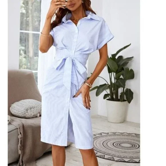 CUPSHE Short Casual Style Pin Stripe Button Down Light Blue Dress Size M - Picture 3 of 11